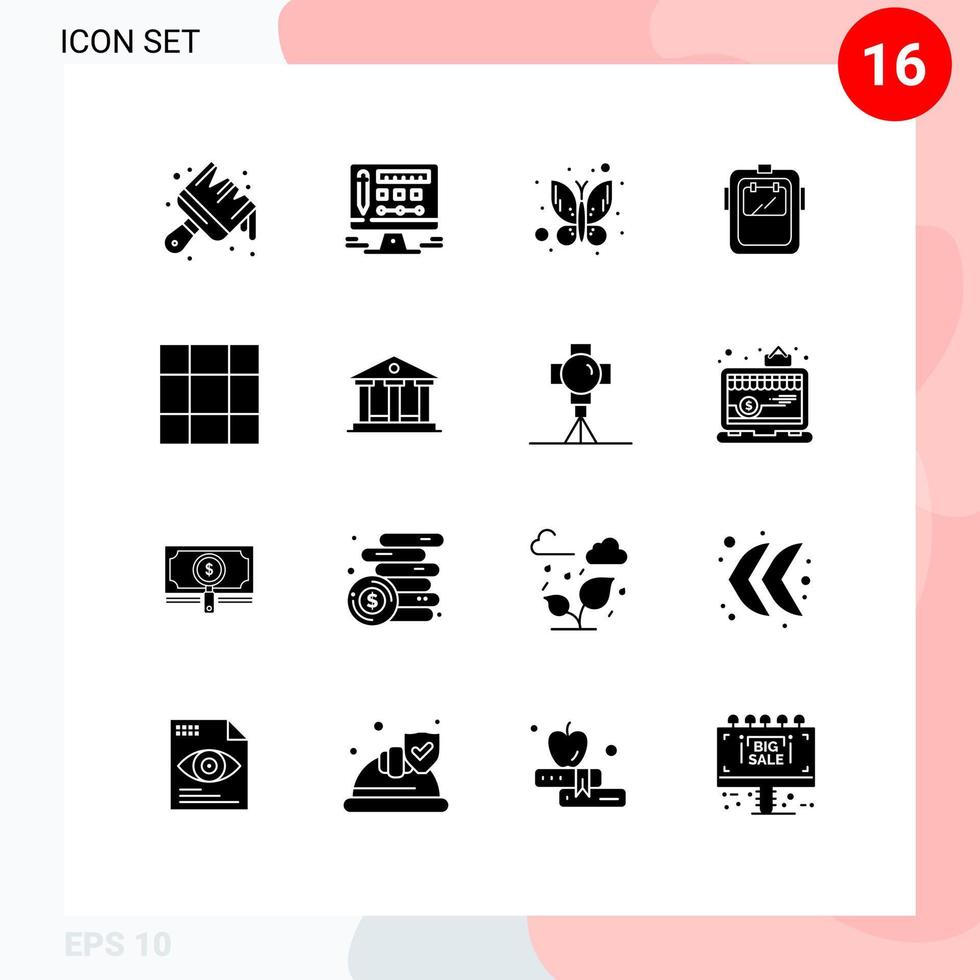 Set of 16 Commercial Solid Glyphs pack for bank grid bug headgear protection Editable Vector Design Elements