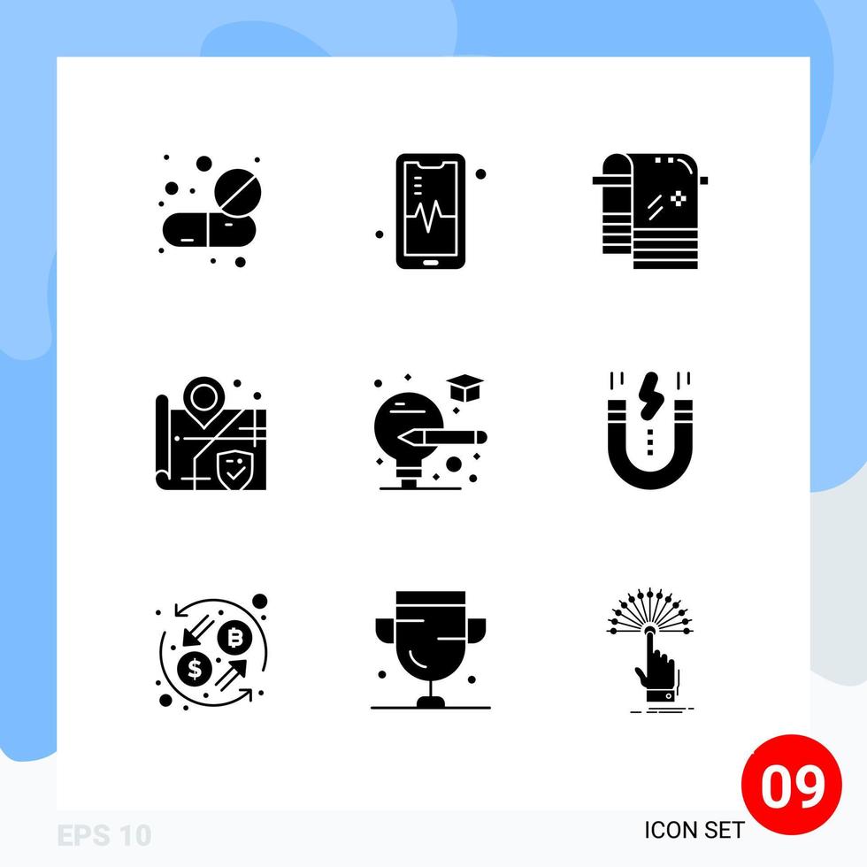 User Interface Pack of 9 Basic Solid Glyphs of graduate bulb bath surveillance location Editable Vector Design Elements