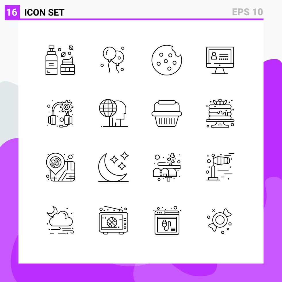 Modern Set of 16 Outlines and symbols such as global global marketing food headset gear Editable Vector Design Elements