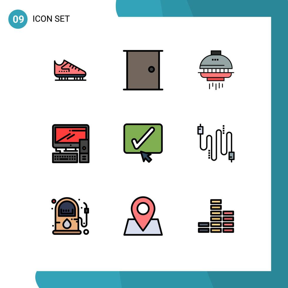Editable Vector Line Pack of 9 Simple Filledline Flat Colors of pc equipment home computer spacecraft Editable Vector Design Elements