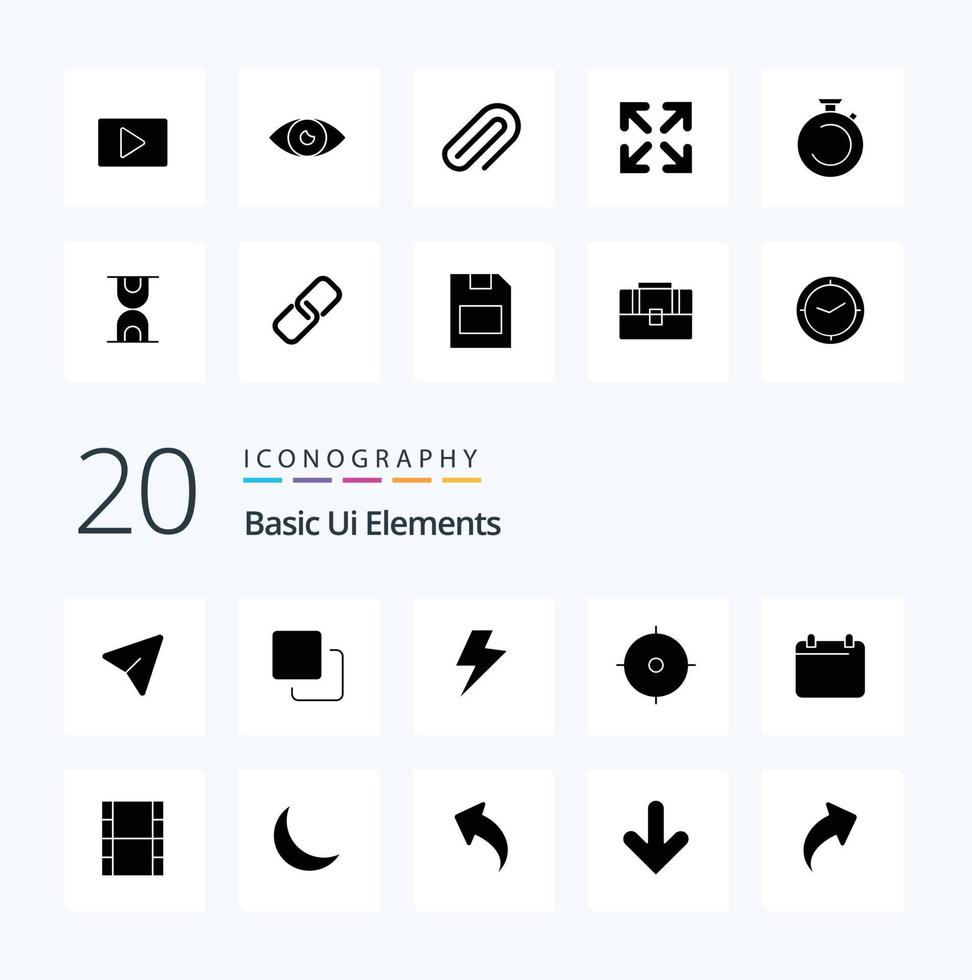 20 Basic Ui Elements Solid Glyph icon Pack like date calender power aim target vector