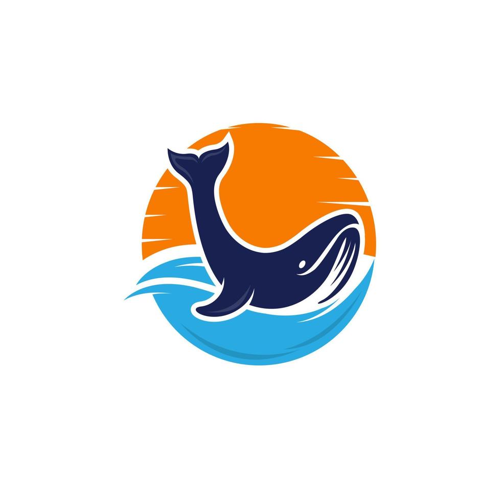 cool and creative whale badge with whale tail or fin, sun, dusk sky, and sea or ocean logo design inspiration. Suitable for outdoor adventure logo vector