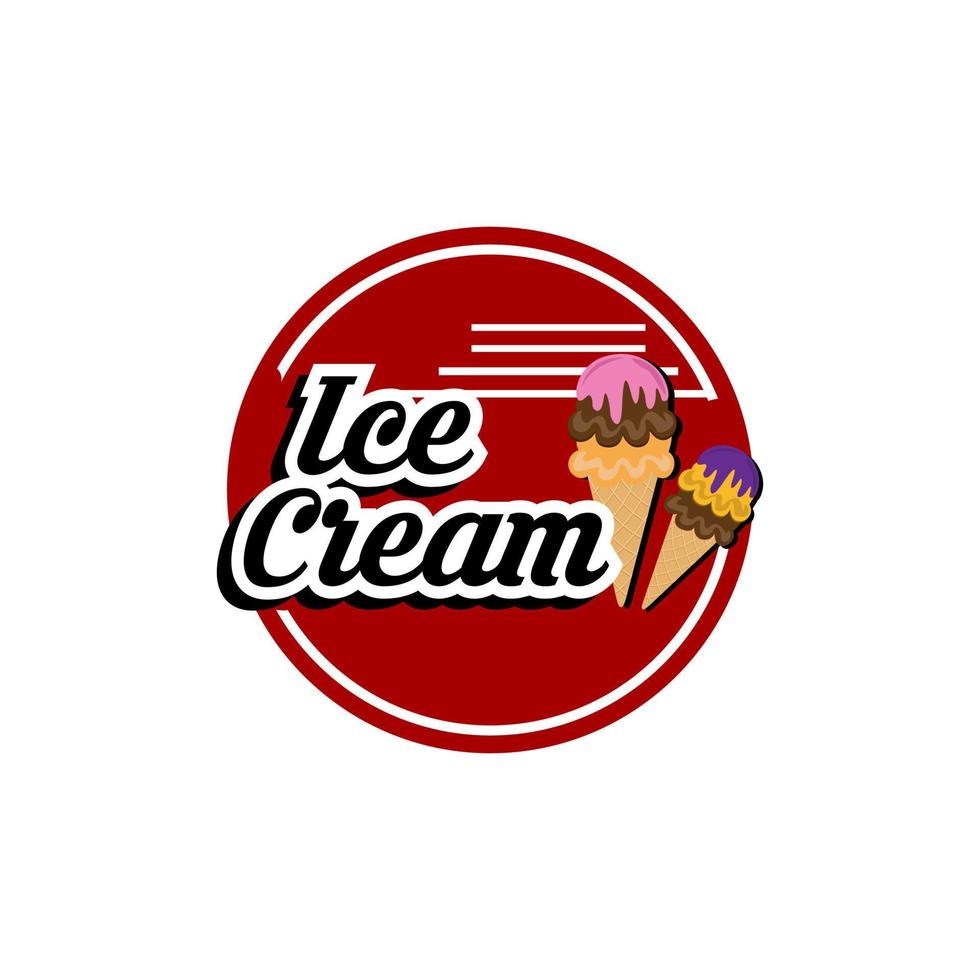 Ice cream shop logo label or emblem in caartoon style for your design on suburst background. Vector illustration.