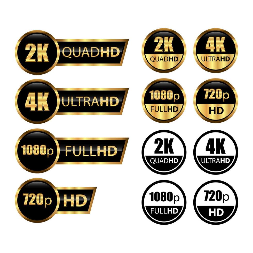 golden 2k quad hd, 4k ultra hd, 720 hd y 1080p resolución de video full hd icono logo alta definición tv juego pantalla monitor pantalla etiqueta vector