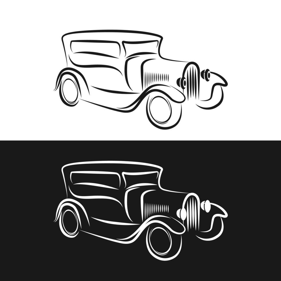 Line vector icon american auto oldtimer. Classic 1930s style. Nostalgia antique automobile. Summer travel vacation. Vintage cartoon sport car. Highway. Garage. Collection car. Illustration for design