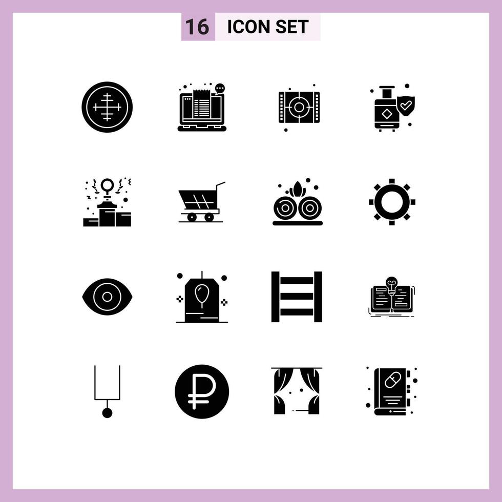 16 User Interface Solid Glyph Pack of modern Signs and Symbols of suitcase luggage shopping insurance arts Editable Vector Design Elements