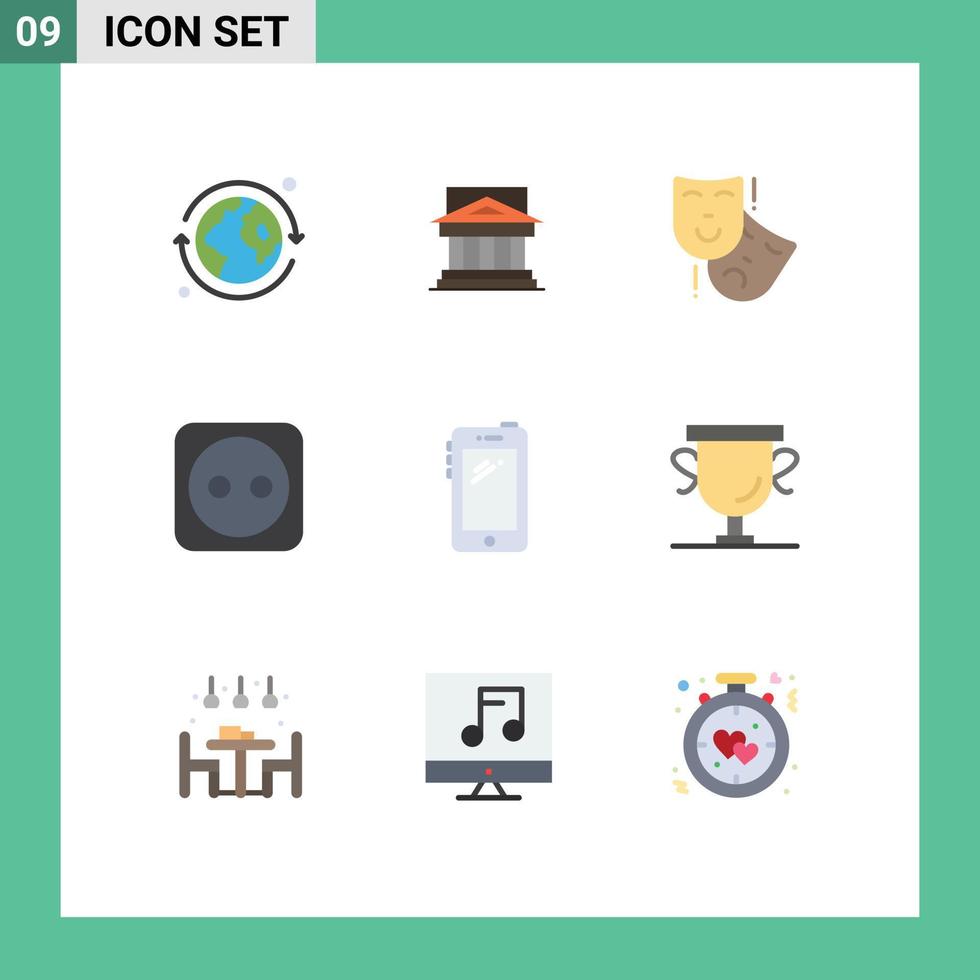 9 User Interface Flat Color Pack of modern Signs and Symbols of tools electricity government theater masks Editable Vector Design Elements