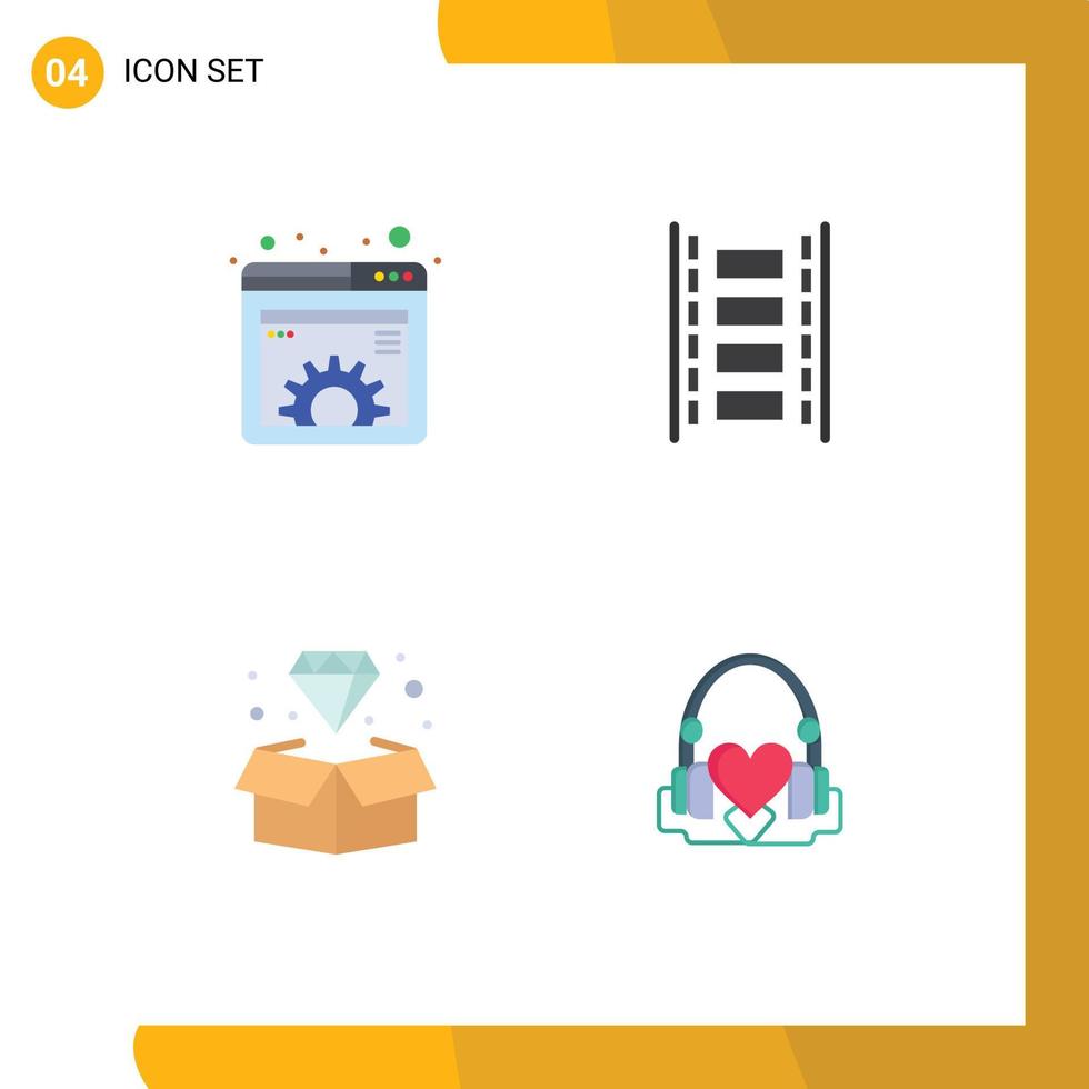 conjunto de 4 paquetes de iconos planos comerciales para elementos de diseño vectorial editables de joya de película de gestión de contenido de diamantes vector