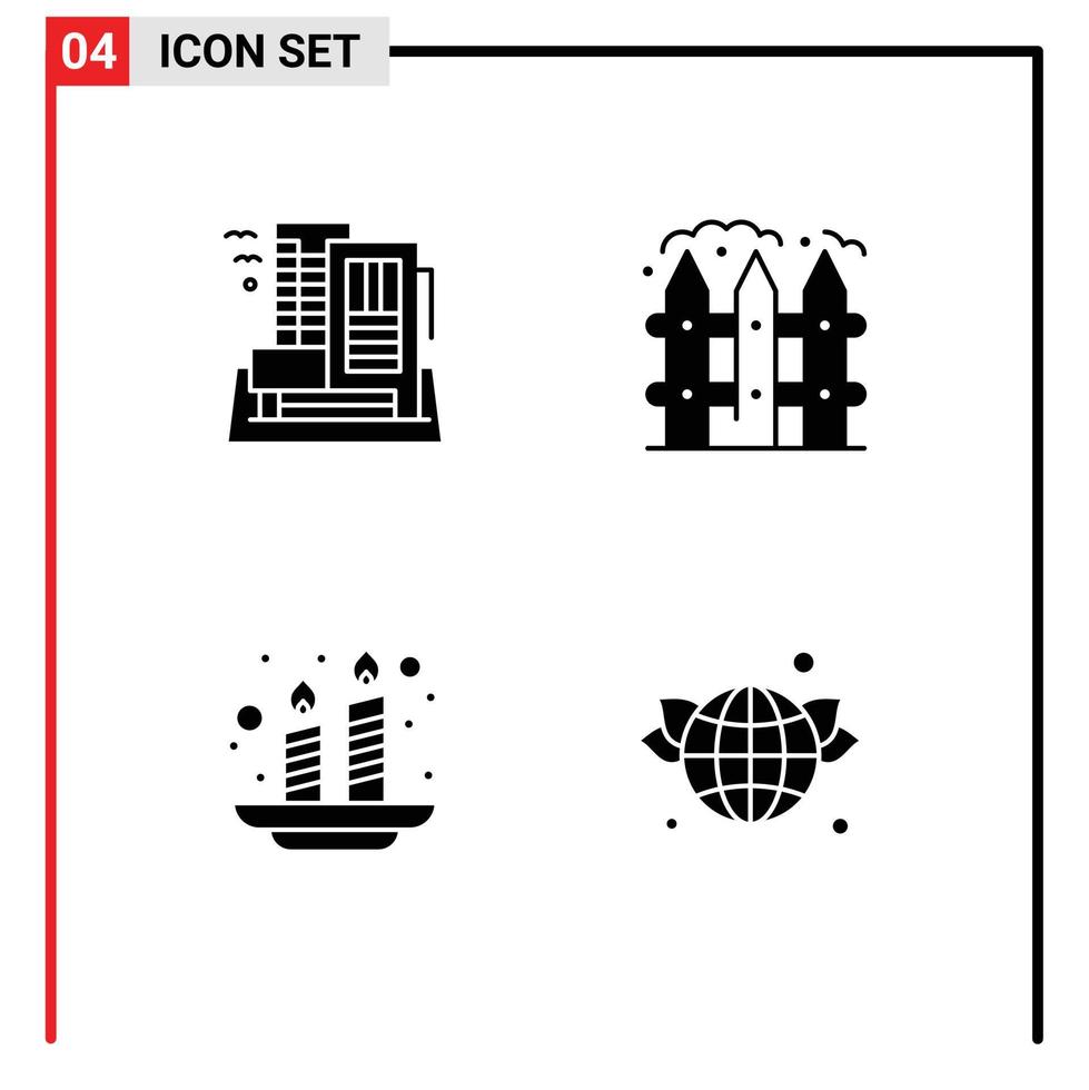 Set of 4 Vector Solid Glyphs on Grid for hotel candles home farming india Editable Vector Design Elements