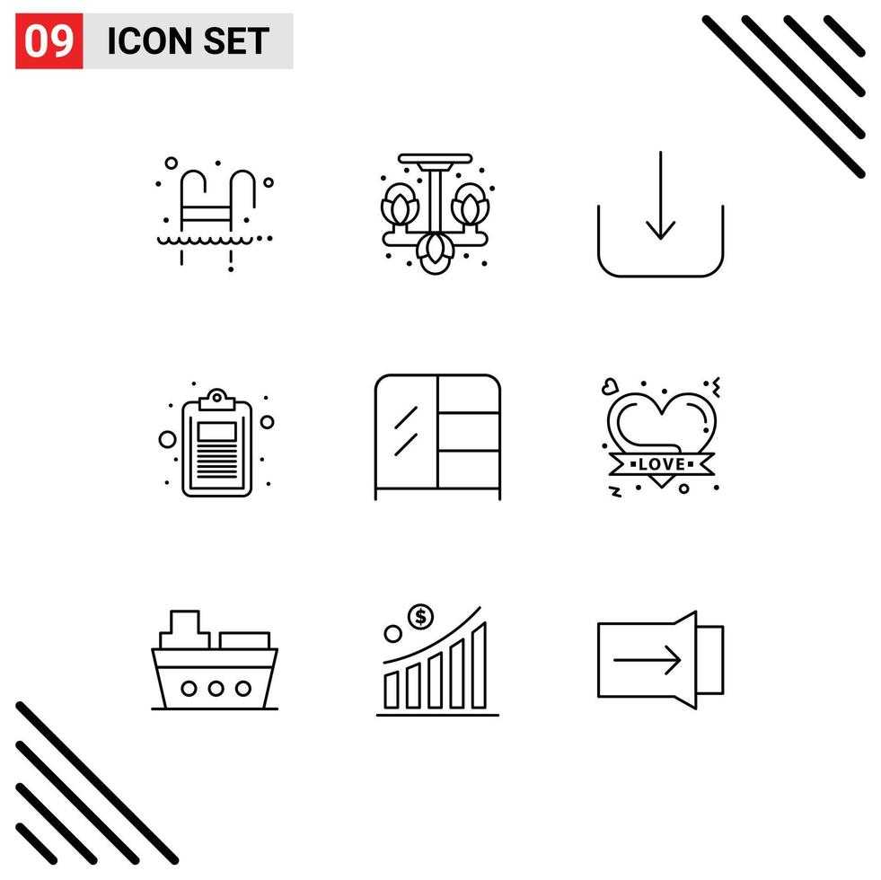 Set of 9 Commercial Outlines pack for furniture list hanger education check Editable Vector Design Elements