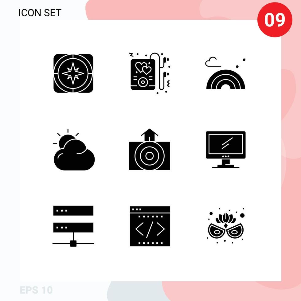 Editable Vector Line Pack of 9 Simple Solid Glyphs of house sun nature shinning cloud Editable Vector Design Elements