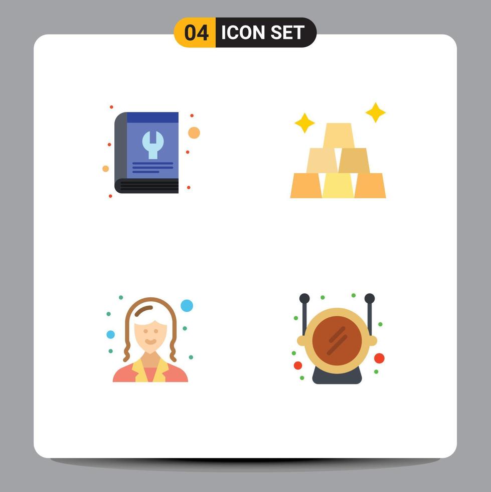 4 Thematic Vector Flat Icons and Editable Symbols of book employee service gold lady Editable Vector Design Elements
