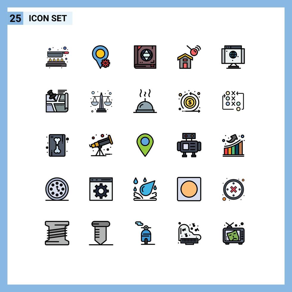 Concepto de color plano de 25 líneas rellenas para sitios web móviles y aplicaciones red computadora construcción de búsqueda esotérica elementos de diseño vectorial editables vector