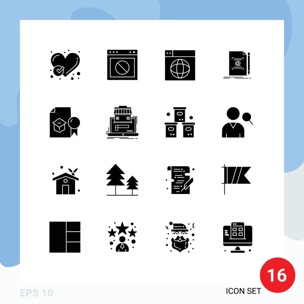 Pack of 16 Modern Solid Glyphs Signs and Symbols for Web Print Media such as text note web world internet Editable Vector Design Elements