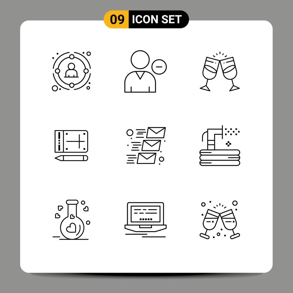 Pack of 9 Modern Outlines Signs and Symbols for Web Print Media such as online mobile profile couple juice Editable Vector Design Elements