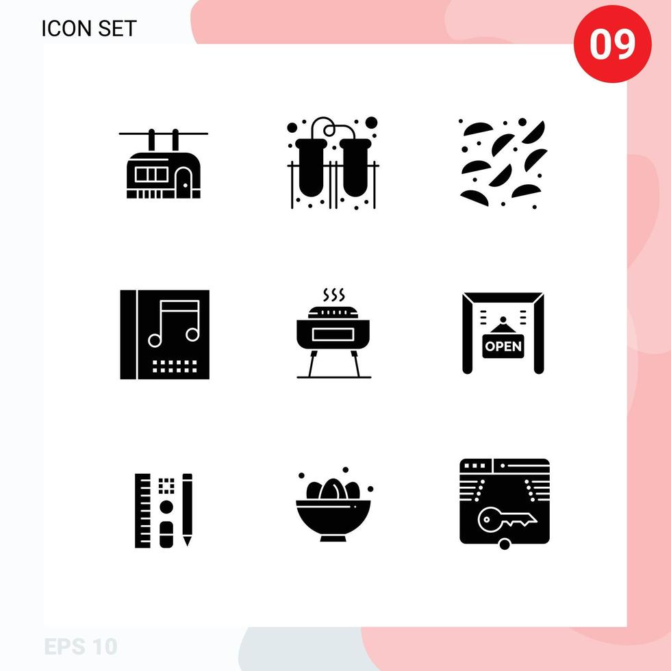 Set of 9 Modern UI Icons Symbols Signs for holiday celebration food barbeque media Editable Vector Design Elements