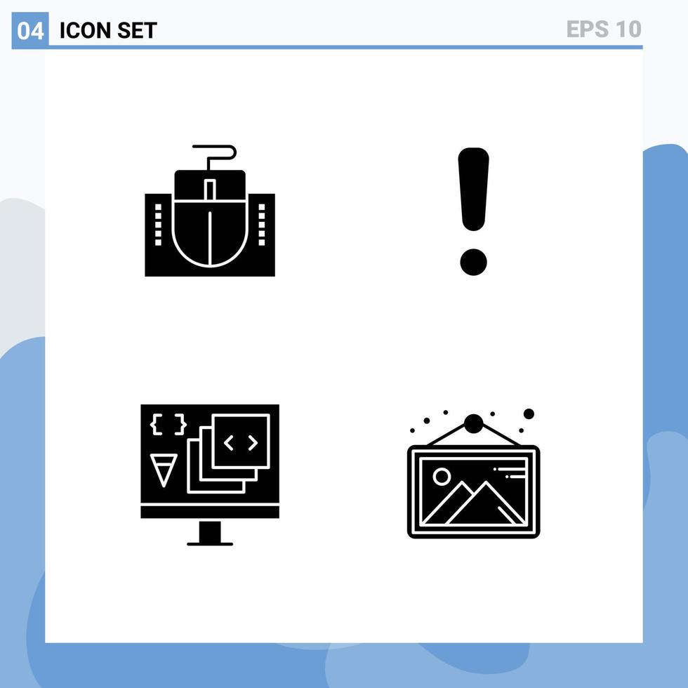 Pictogram Set of 4 Simple Solid Glyphs of mouse coding education warning development Editable Vector Design Elements