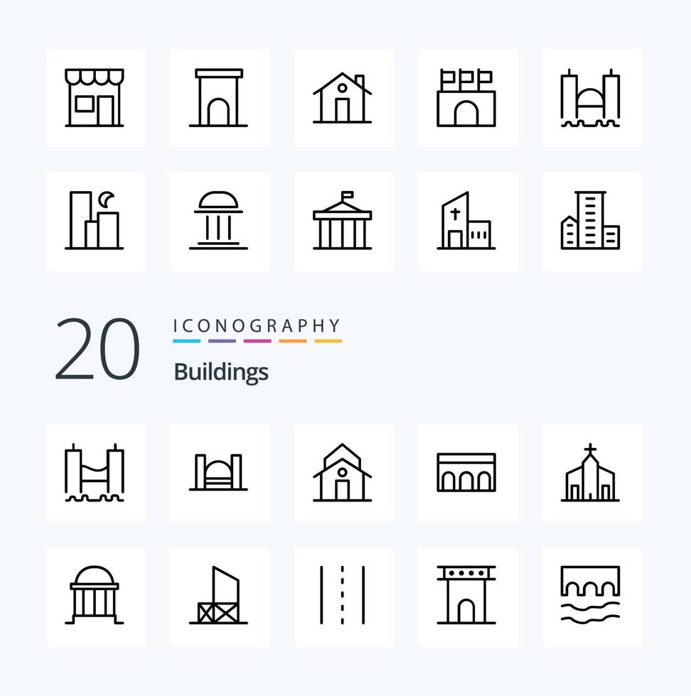 paquete de iconos de línea de 20 edificios como entrada de casa de propiedad de arena pública vector