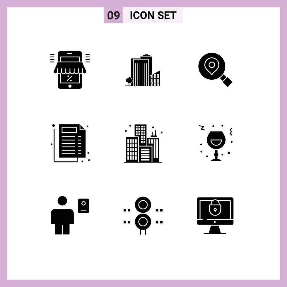 Mobile Interface Solid Glyph Set of 9 Pictograms of city report tower medical map Editable Vector Design Elements