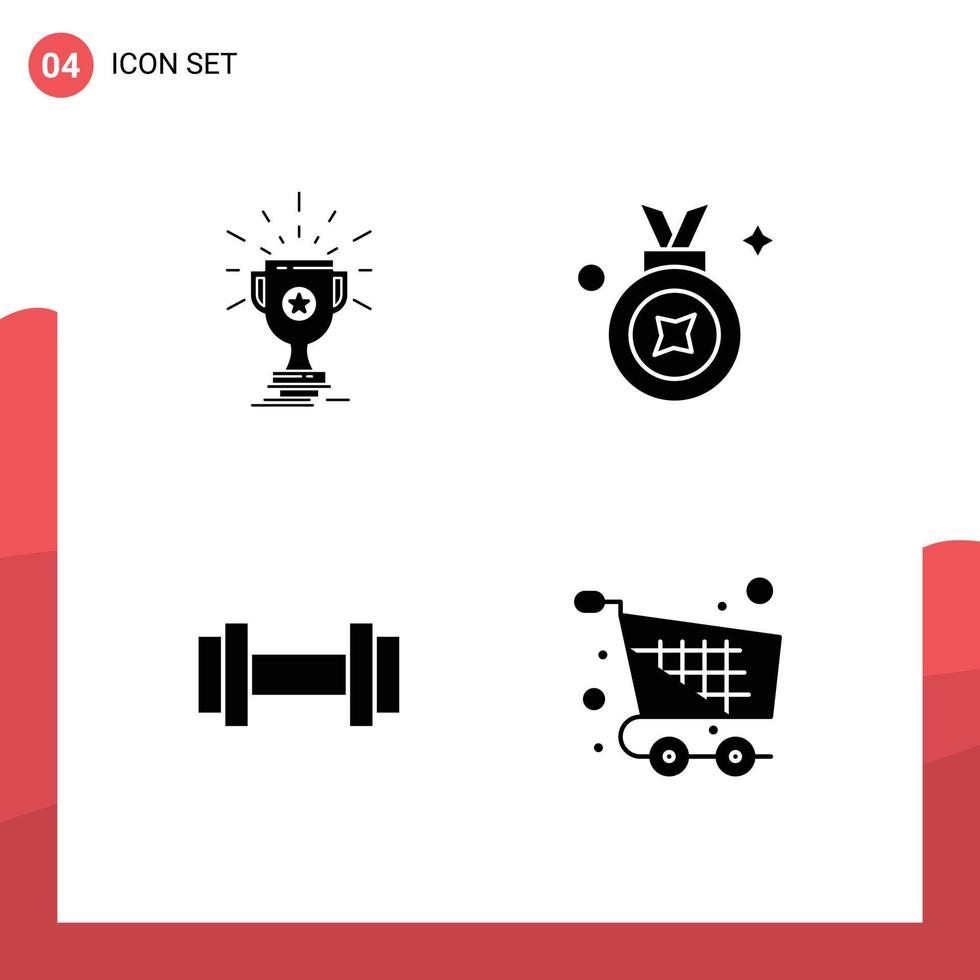 4 Universal Solid Glyph Signs Symbols of award dumbbells win award badge cart Editable Vector Design Elements