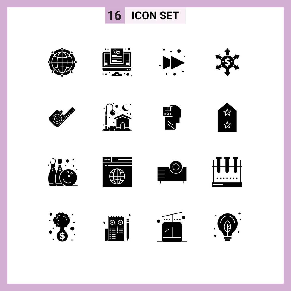 Pack of 16 Modern Solid Glyphs Signs and Symbols for Web Print Media such as tape measure online arrow dollar Editable Vector Design Elements