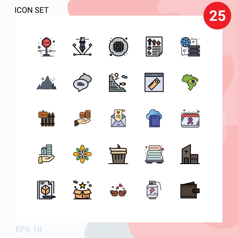 Pack of 25 creative Filled line Flat Colors of global report cpu page data Editable Vector Design Elements