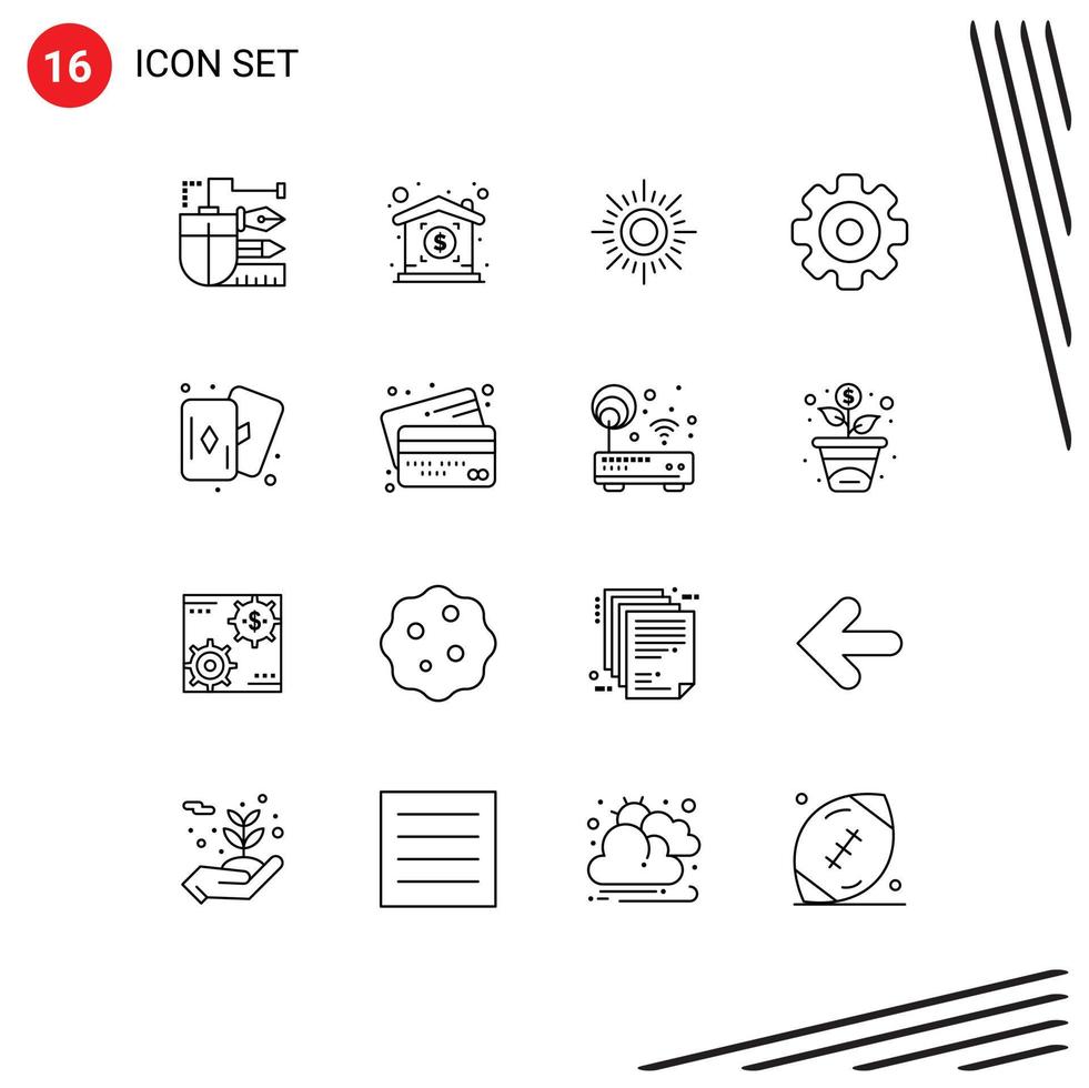 16 iconos creativos, signos y símbolos modernos de pasatiempos de tarjetas, medios multimedia solares, elementos de diseño vectorial editables vector