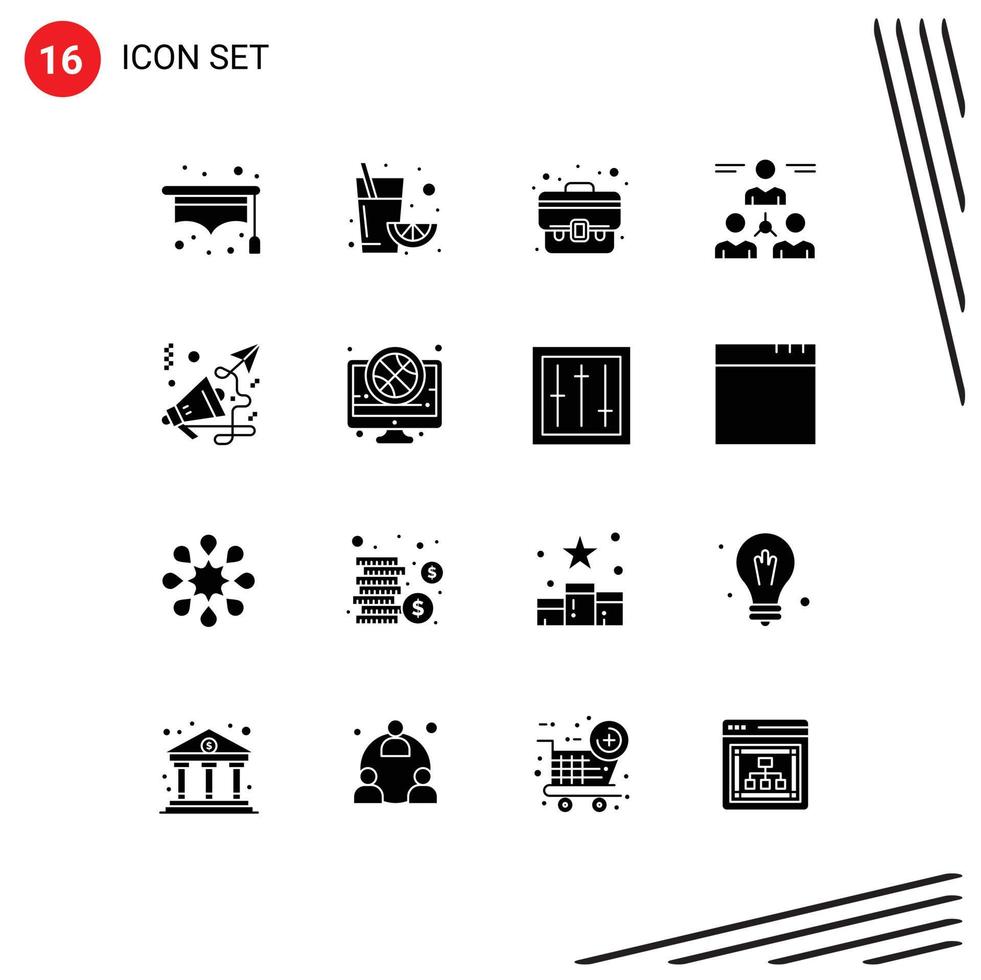 Universal Icon Symbols Group of 16 Modern Solid Glyphs of marketing business suitcase man group Editable Vector Design Elements