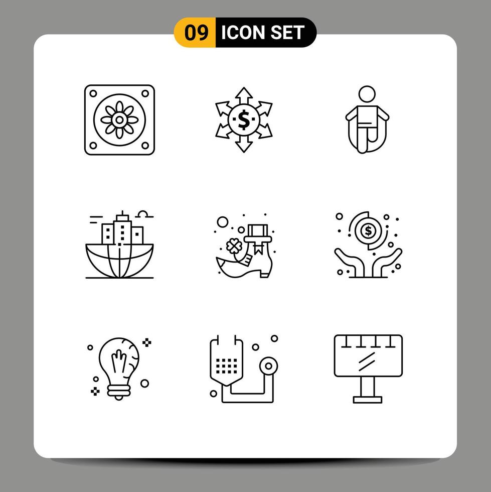 Stock Vector Icon Pack of 9 Line Signs and Symbols for leprechaun boot rope headquarter city Editable Vector Design Elements