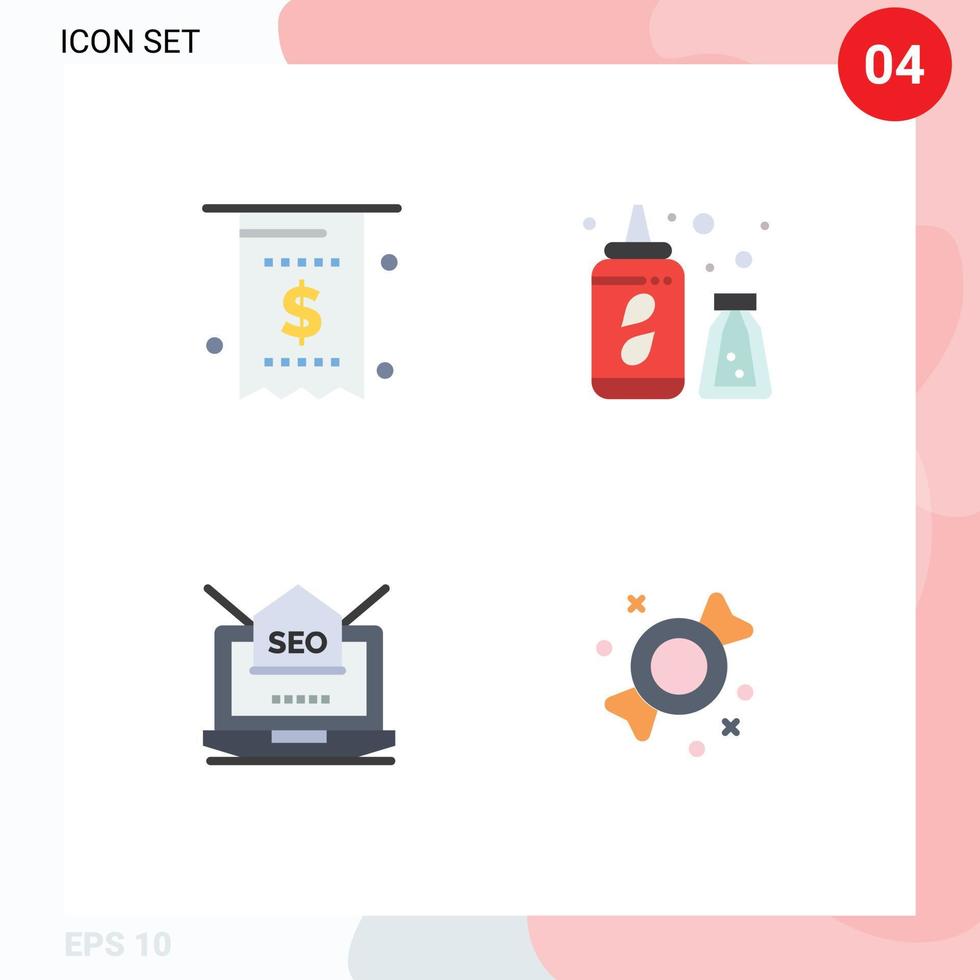 Group of 4 Flat Icons Signs and Symbols for bill laptop money water mail Editable Vector Design Elements