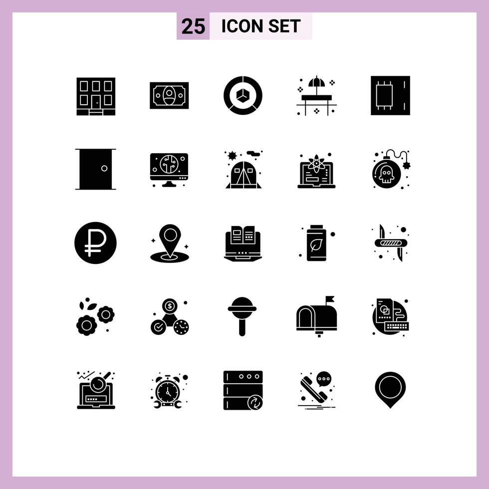 Group of 25 Solid Glyphs Signs and Symbols for chip sunshade delivery restaurant beach Editable Vector Design Elements
