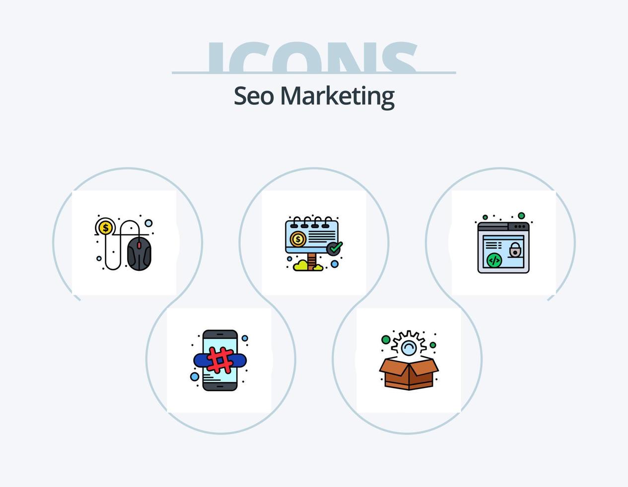 línea de marketing seo paquete de iconos llenos 5 diseño de iconos. gestión. navegador. contenido. marketing. web vector