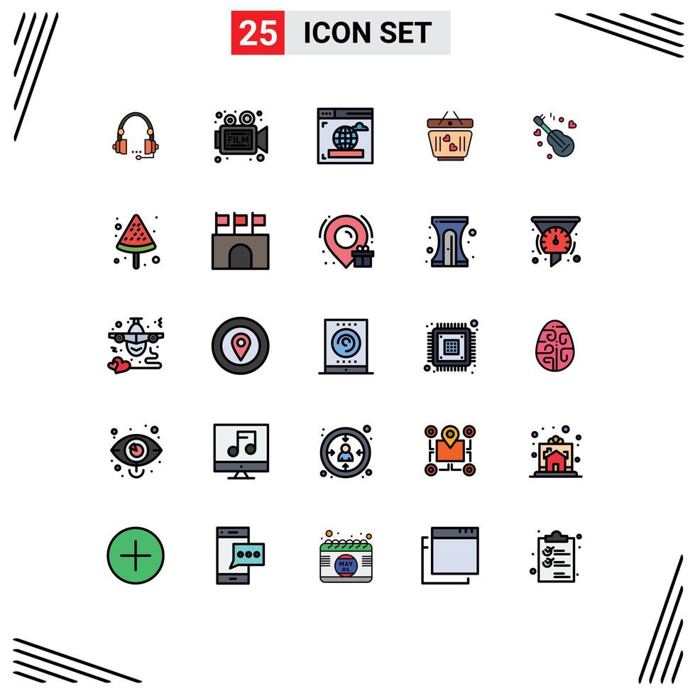 Filled line Flat Color Pack of 25 Universal Symbols of heart cart film web browser Editable Vector Design Elements