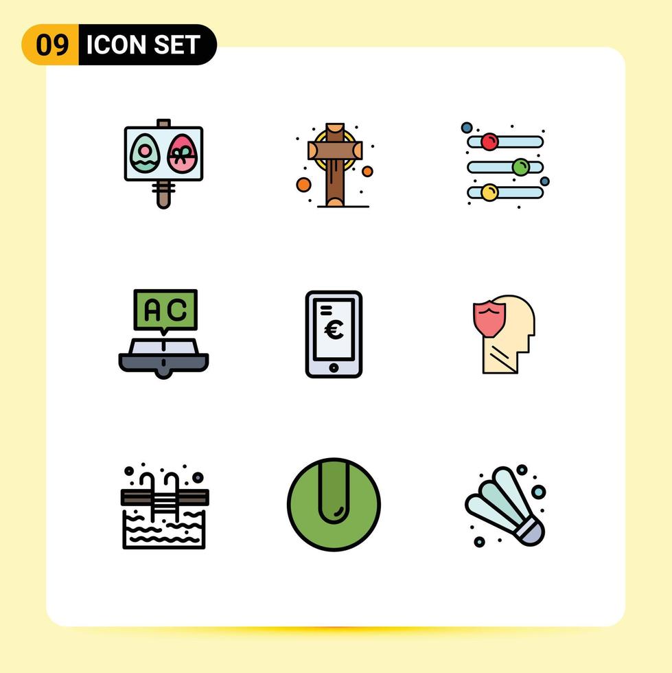 Mobile Interface Filledline Flat Color Set of 9 Pictograms of study learning configuration education slider Editable Vector Design Elements