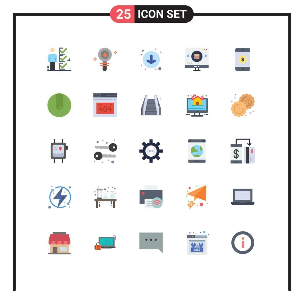 Pack of 25 Modern Flat Colors Signs and Symbols for Web Print Media such as valentine search chemistry magnifying down Editable Vector Design Elements