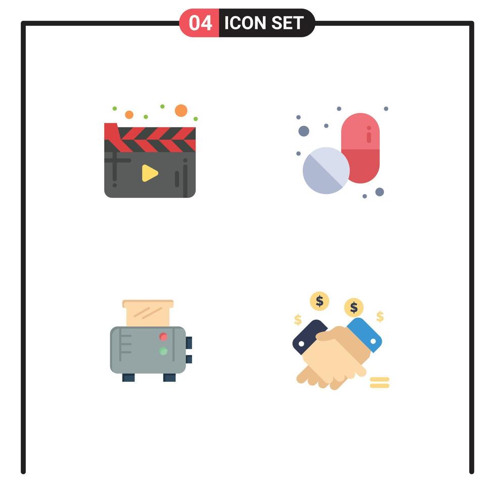 Universal Icon Symbols Group of 4 Modern Flat Icons of cinema toaster video tablet marketing Editable Vector Design Elements