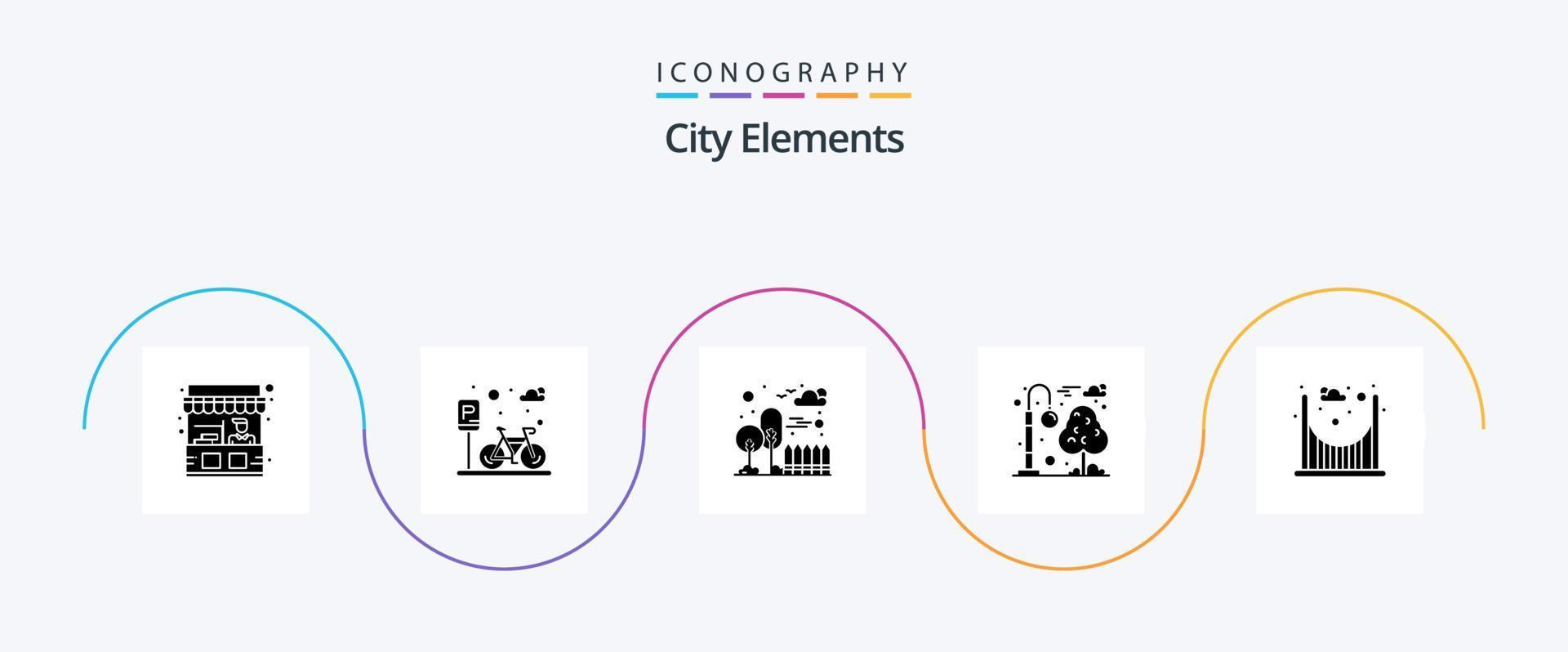 paquete de iconos de glifo 5 de elementos de la ciudad que incluye parques. recreación. edificio. parque. luz de la calle vector