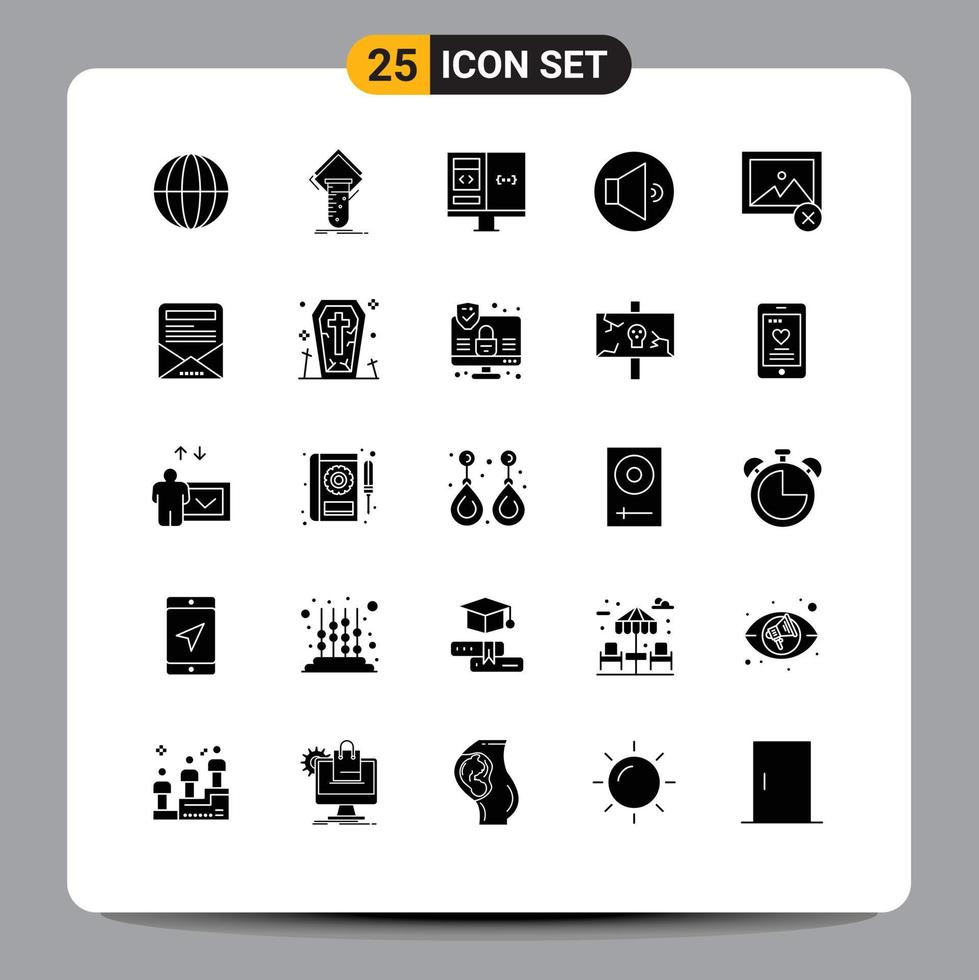 Solid Glyph Pack of 25 Universal Symbols of delete speaker testing sound develop Editable Vector Design Elements