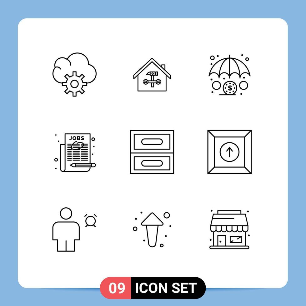 Group of 9 Modern Outlines Set for cabinet select job wrench news paper employment Editable Vector Design Elements