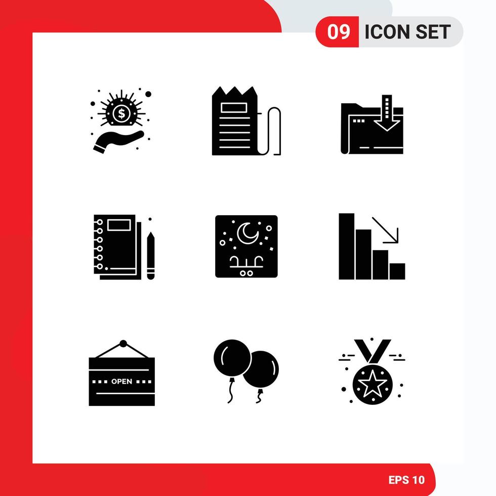 Universal Icon Symbols Group of 9 Modern Solid Glyphs of writing notepad price notebook arrow Editable Vector Design Elements