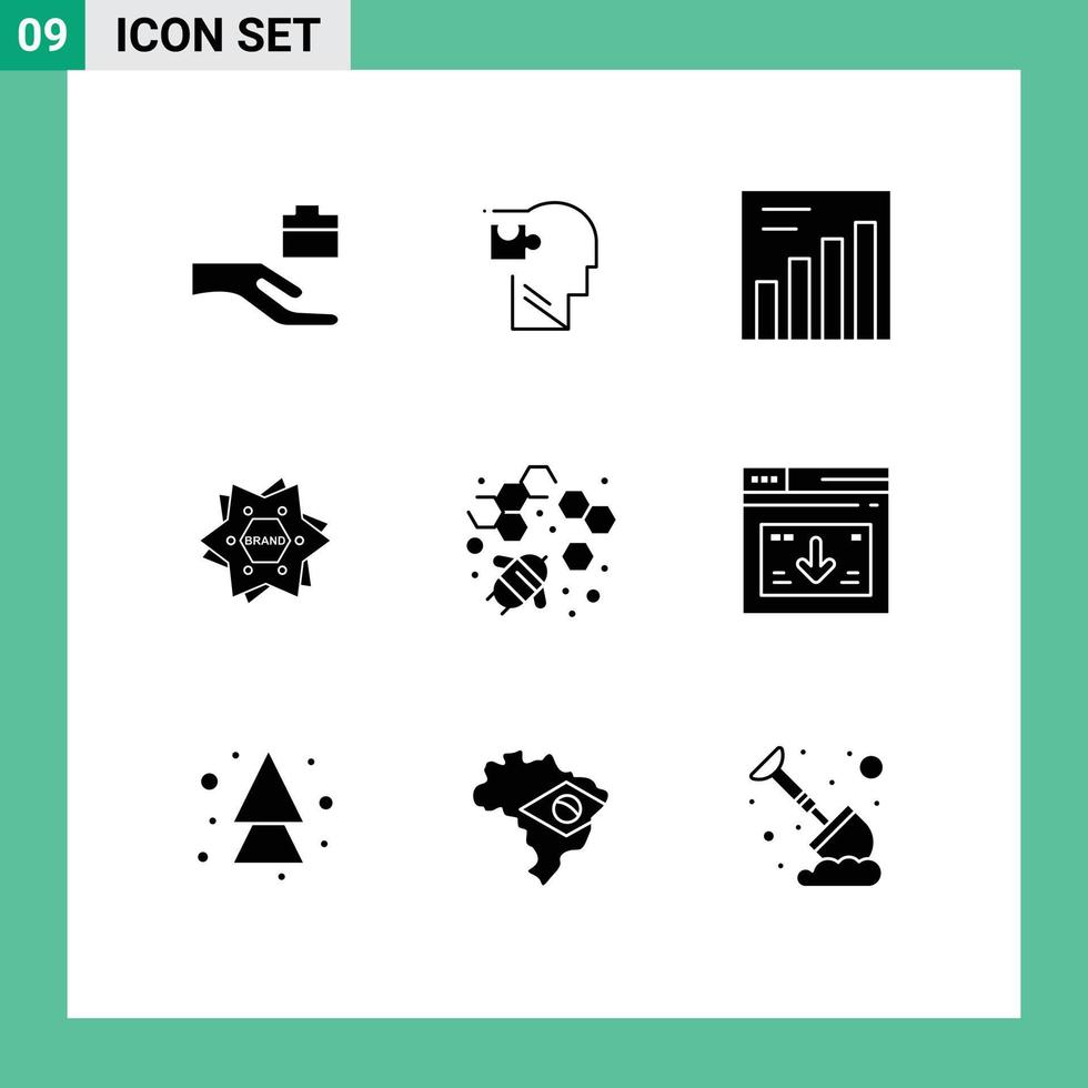 9 Thematic Vector Solid Glyphs and Editable Symbols of agriculture bee analytics shape brand Editable Vector Design Elements