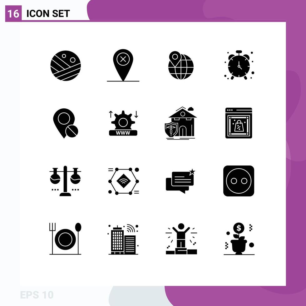 Solid Glyph Pack of 16 Universal Symbols of pin map location location timekeeper Editable Vector Design Elements