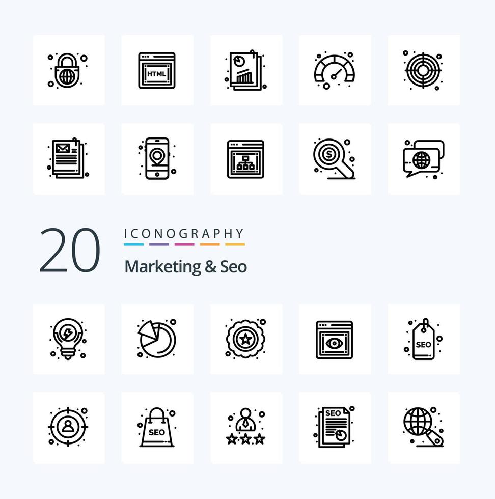 20 Marketing And Seo Line icon Pack like tag seo quality badge visibility vector