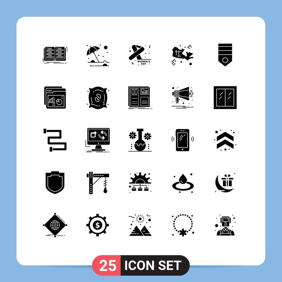 Editable Vector Line Pack of 25 Simple Solid Glyphs of badge world awareness treasure map Editable Vector Design Elements