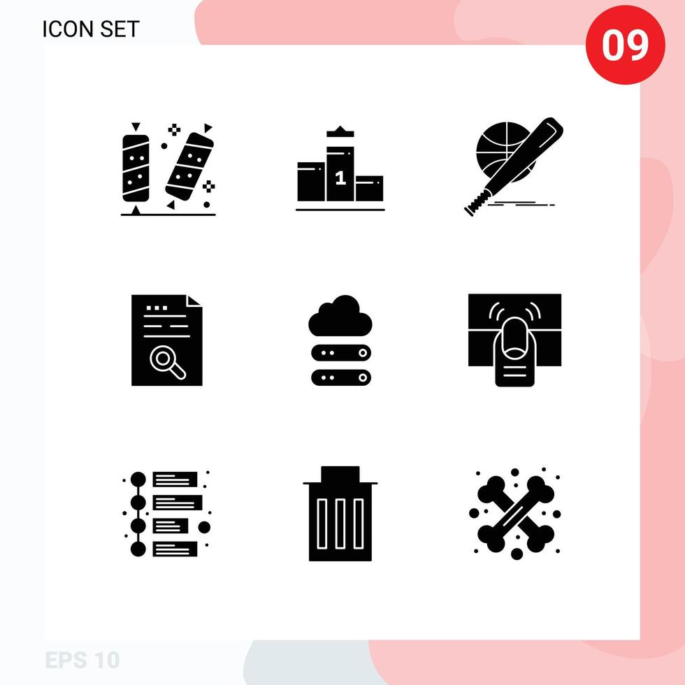 Pack of 9 Modern Solid Glyphs Signs and Symbols for Web Print Media such as file data education content game Editable Vector Design Elements