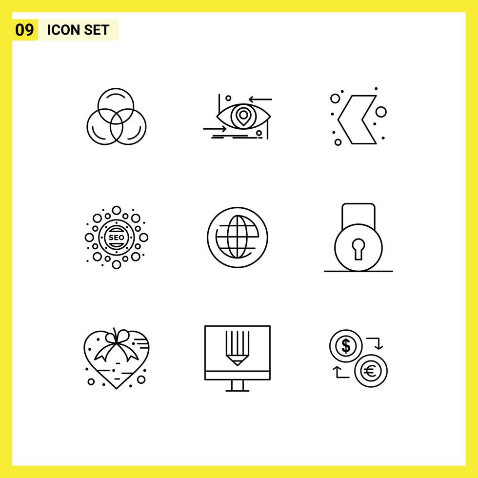 Set of 9 Modern UI Icons Symbols Signs for earth seo arrow optimization pointer Editable Vector Design Elements