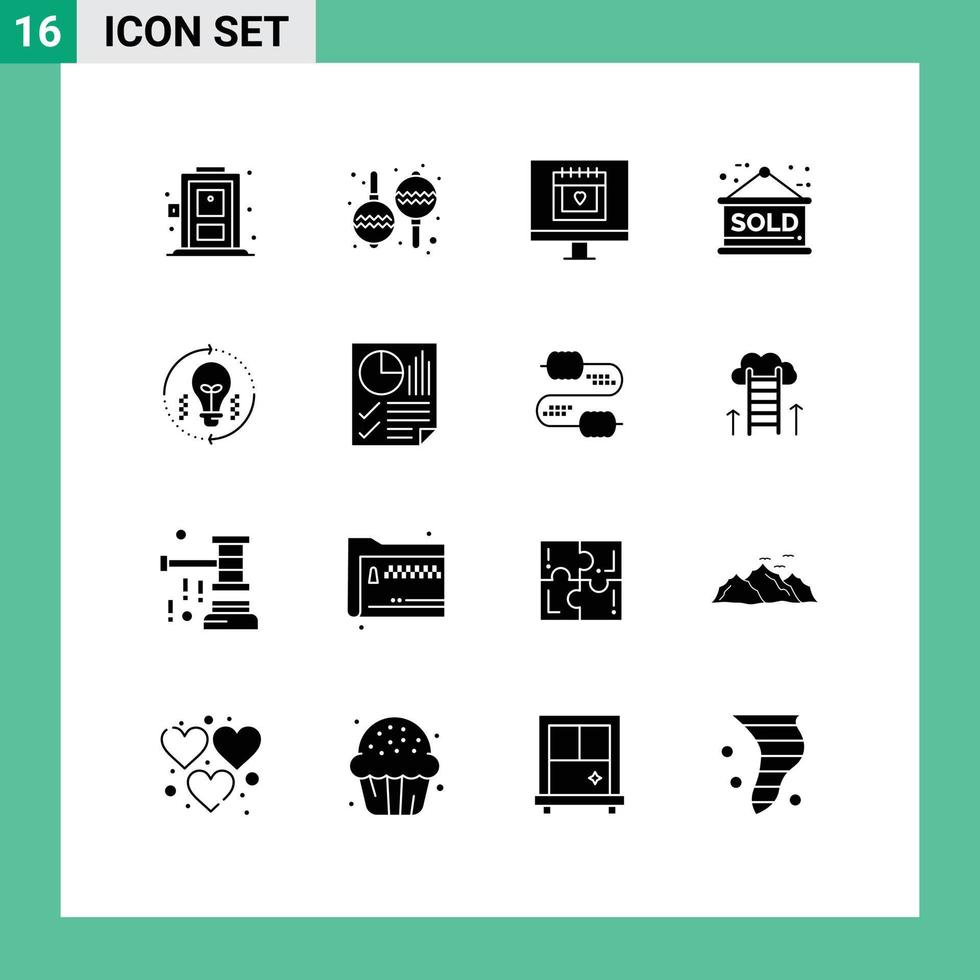 Group of 16 Modern Solid Glyphs Set for solution idea lover bulb sold sign Editable Vector Design Elements