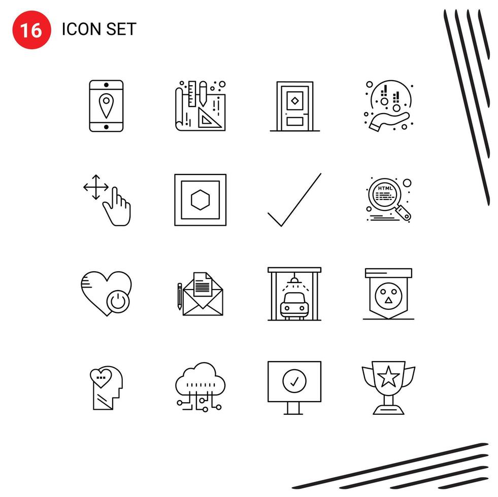 16 User Interface Outline Pack of modern Signs and Symbols of hexagon gesture door finger hand Editable Vector Design Elements
