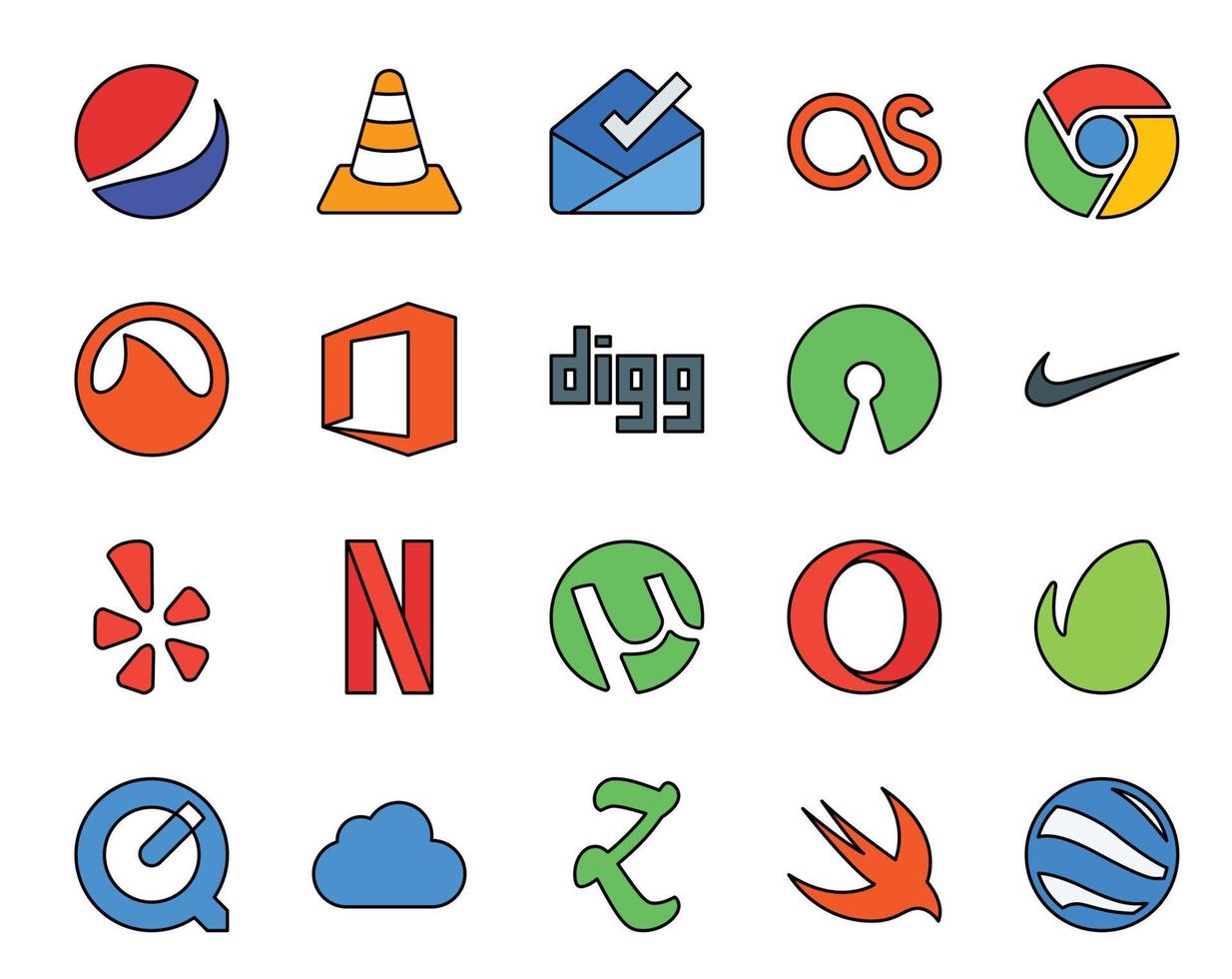 20 Social Media Icon Pack Including quicktime opera office utorrent yelp vector