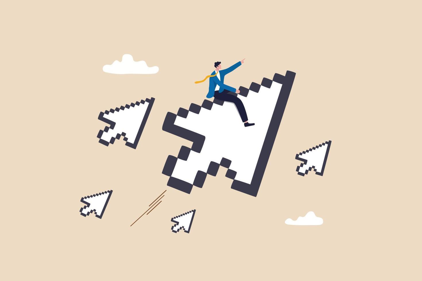 Online advertising or digital marketing, SEO click through rate, social media marketing or search engine optimization concept, businessman riding digital pixel mouse pointer to click on button. vector